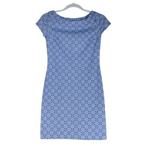 Blue Mini Dress Womens Small Bodycon Sheath Stretch Retro Floral Boatneck